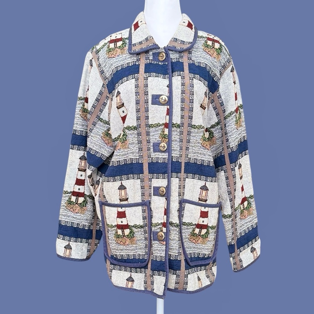 Blair 90s Vintage Lighthouse Jacket Barn Coat Tapestry Nautical Coastal L Large
